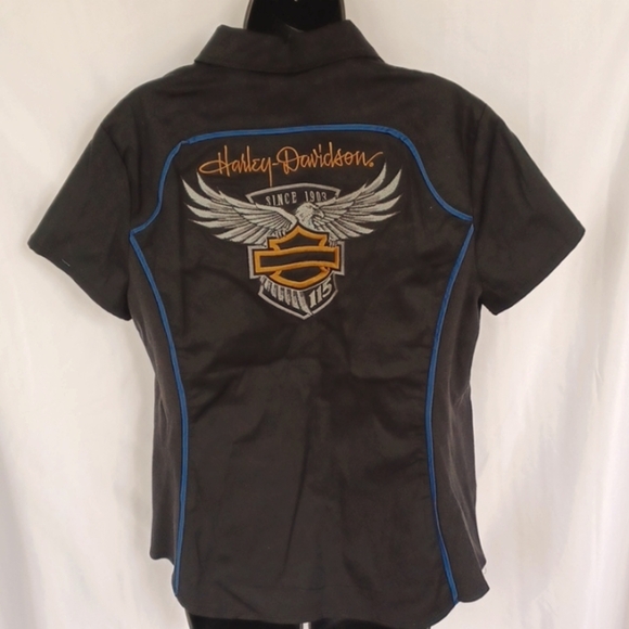 Harley Davidson 115 years embroidered eagle zip front v-neck short sleeve shirt - Picture 2 of 5